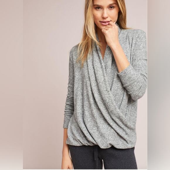 Anthropologie Cloudfleece Wrap Front Top Gray Long Sleeve Drape Blouse Size XS ✨ - Picture 2 of 8
